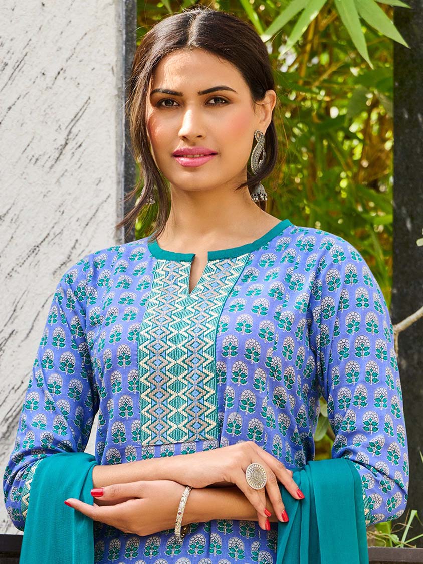 Embroidered Blue Cotton Stitched Suit Set