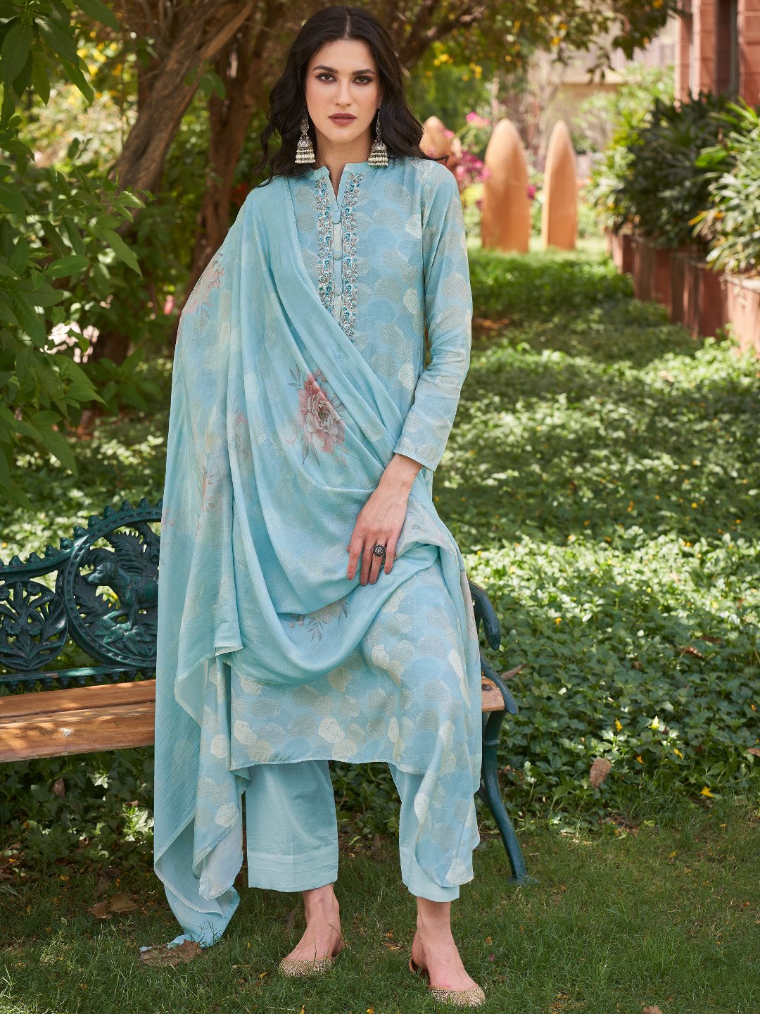 Embroidered Blue Cotton Un-Stitched Salwar Suit Set - Stilento