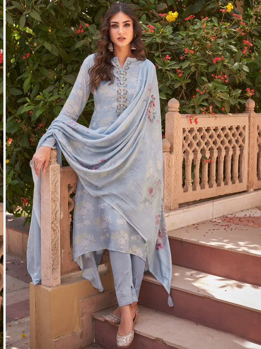 Embroidered Blue Cotton Un-Stitched Suit for Ladies