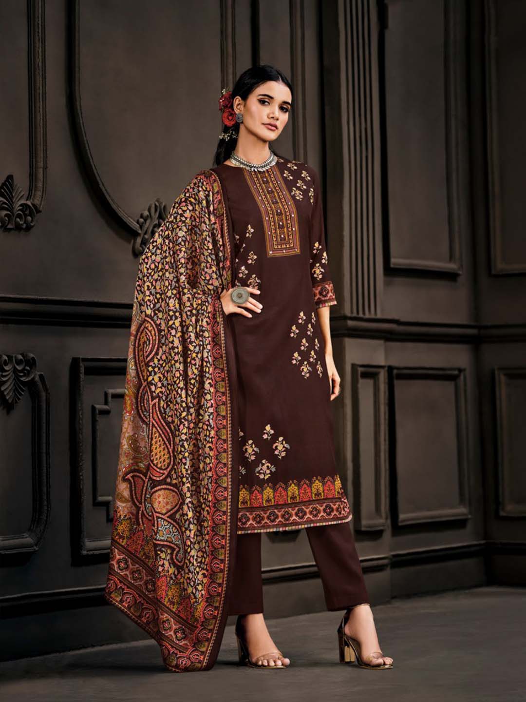 Wool Pashmina Coffee Brown Unstitched Winter Ladies Suits Set - Stilento