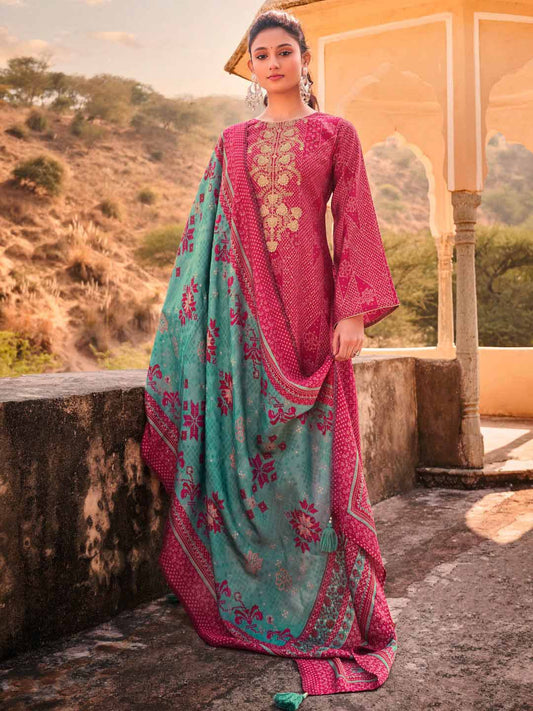 Embroidered Dark Pink Viscose Unstitched Women Suit Dress Materials