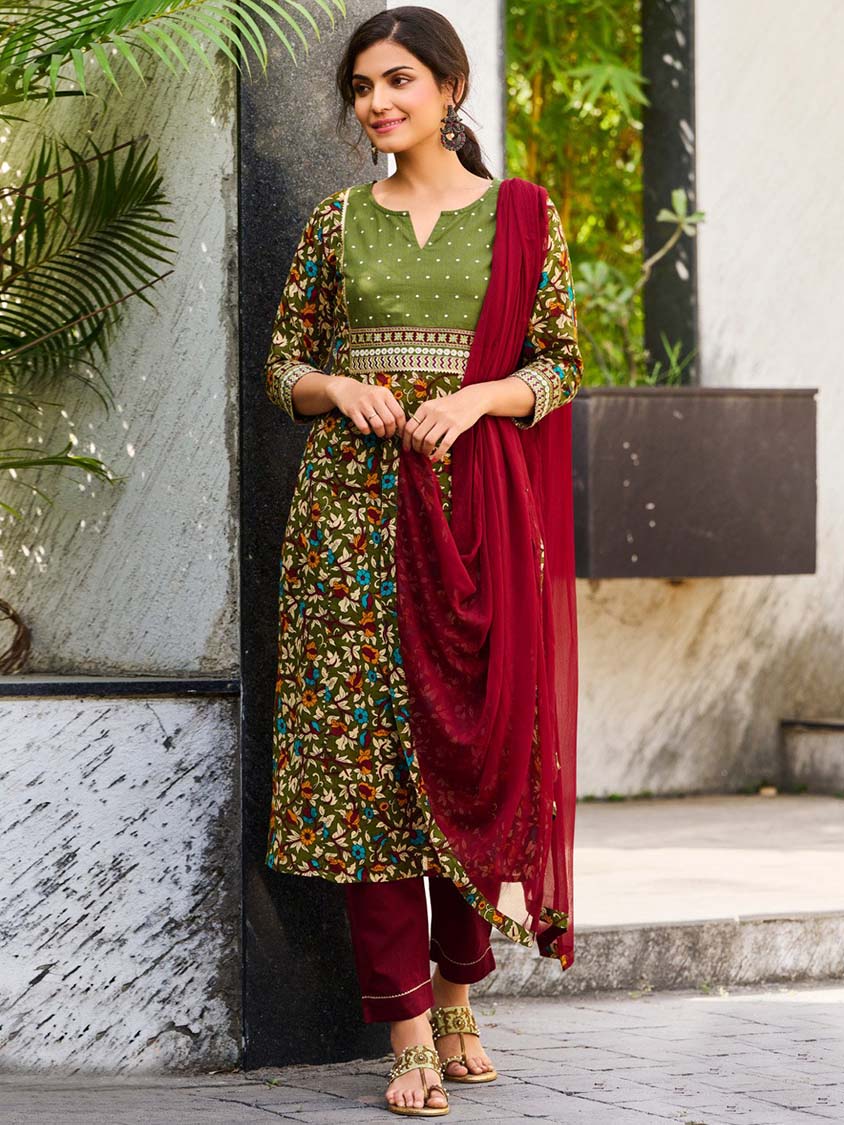 Embroidered Green Cotton Stitched Suit Set - Stilento