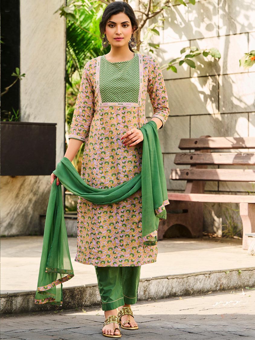 Embroidered Green Cotton Stitched Suit Set