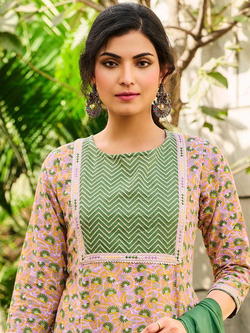 Embroidered Green Cotton Stitched Suit Set