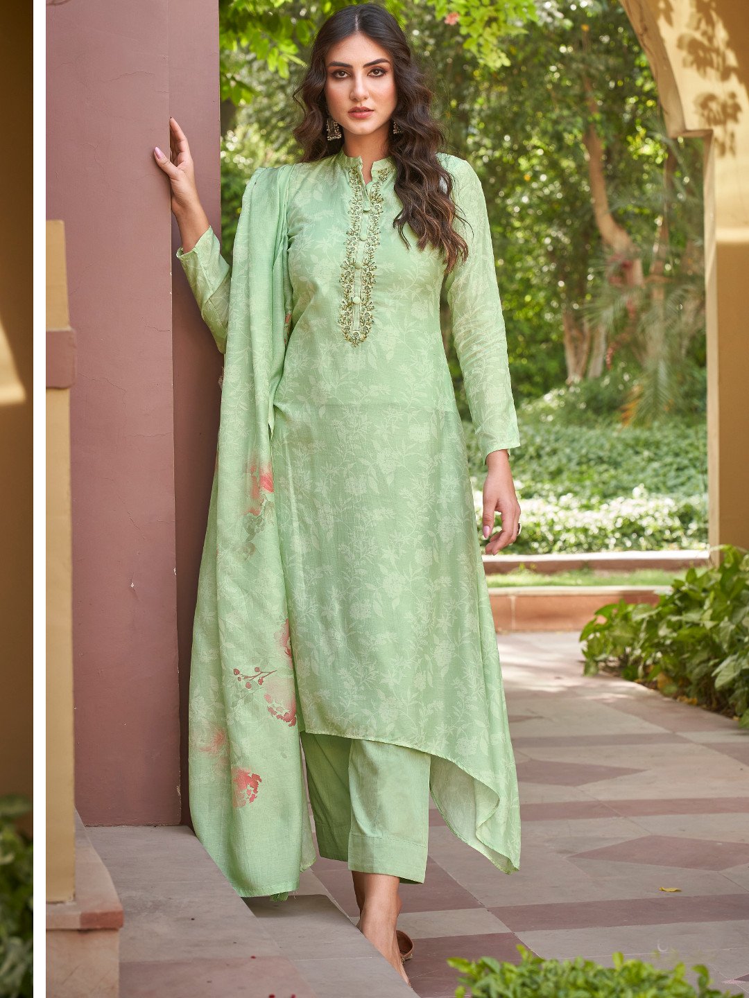 Embroidered Green Cotton Un-Stitched Salwar Suit Set - Stilento