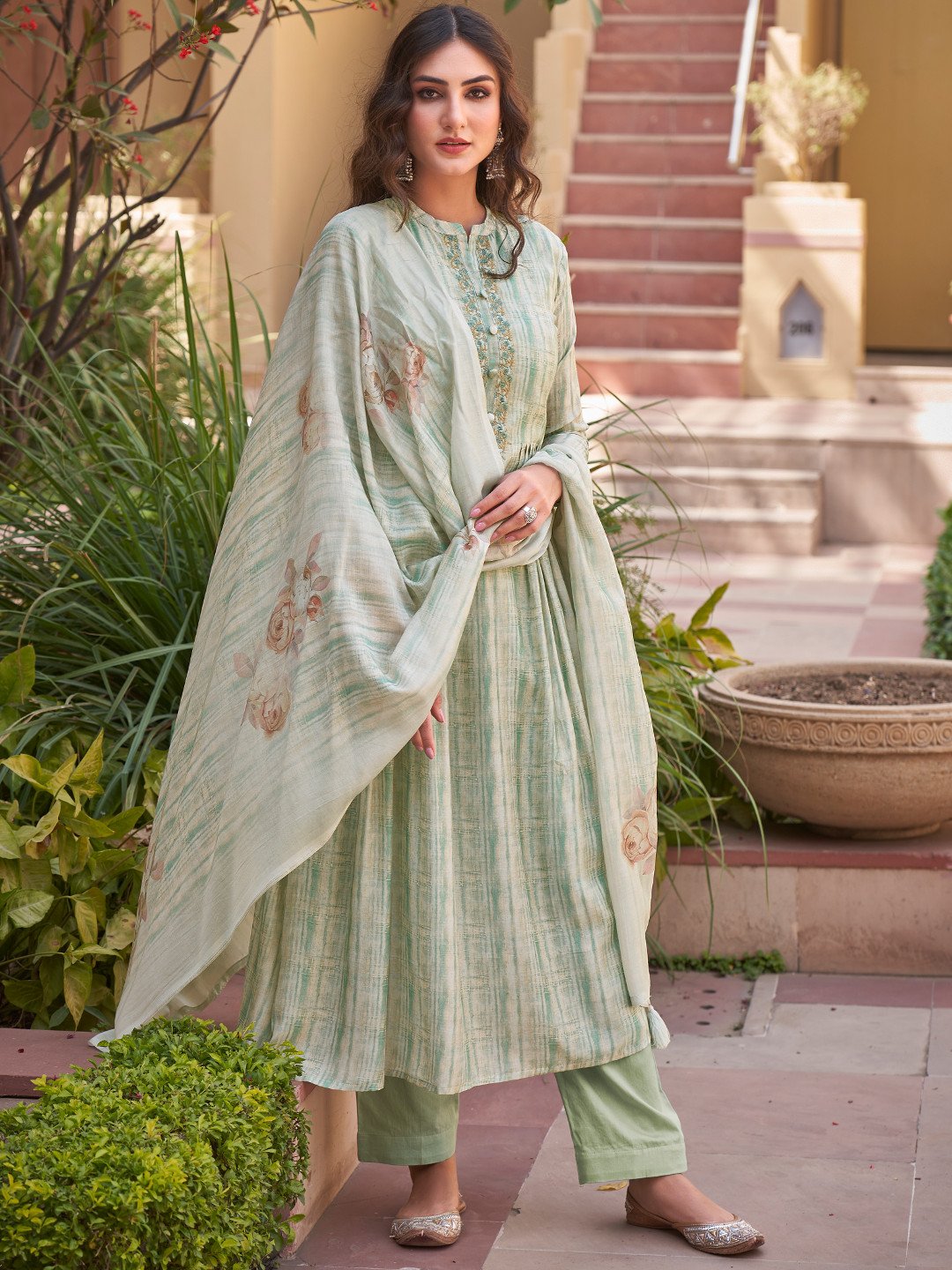 Embroidered Green Cotton Un-Stitched Suit for Ladies - Stilento
