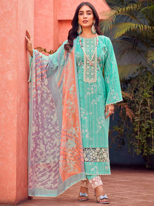 Masakali Embroidered Green Cotton Unstitched Suit Set