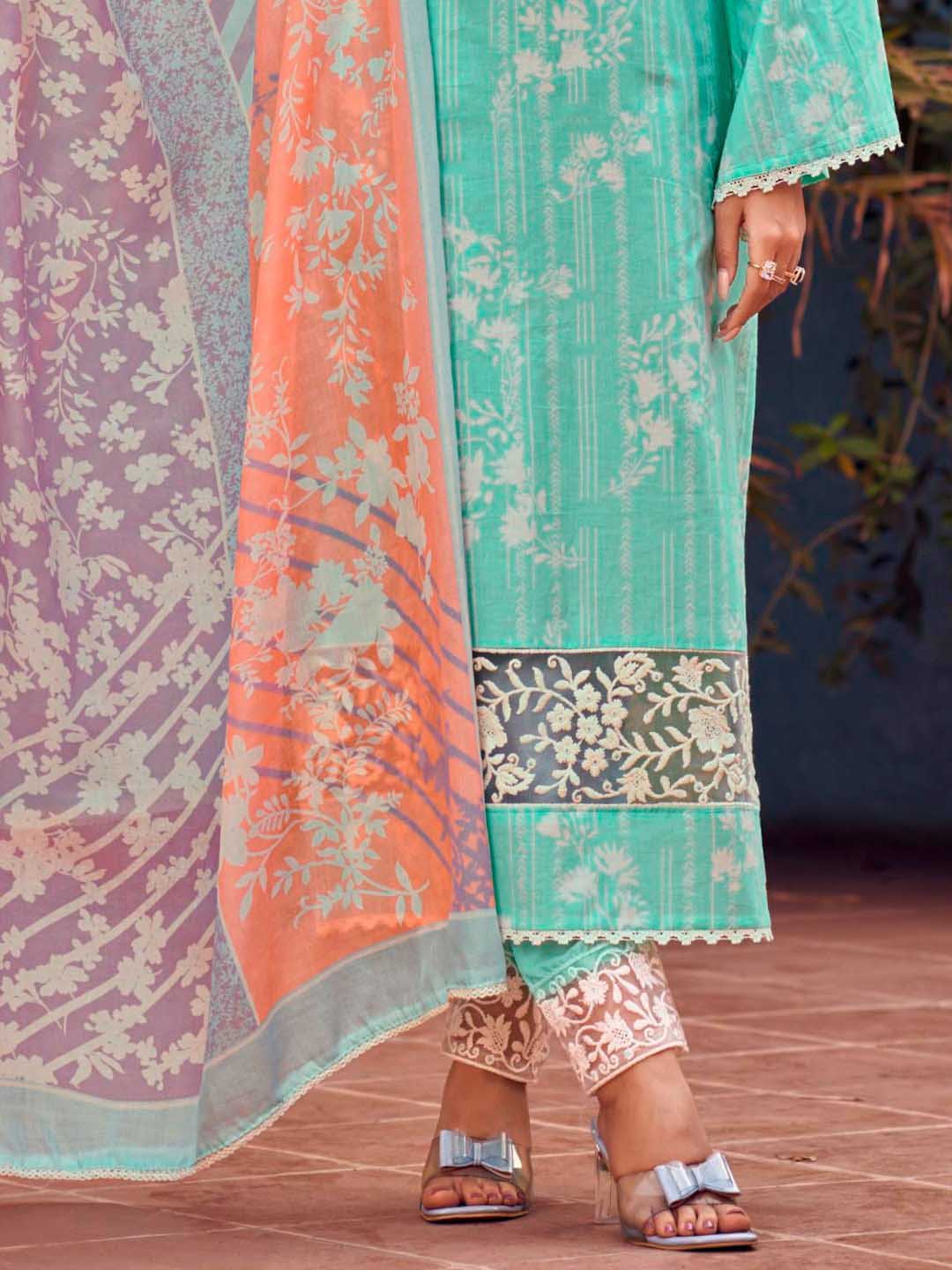 Masakali Embroidered Green Cotton Unstitched Suit Set