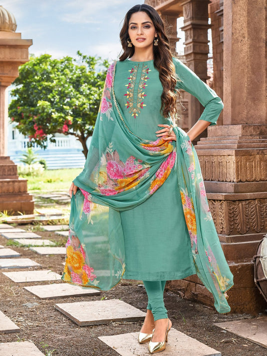 Embroidered Green Unstitched Cotton Suit