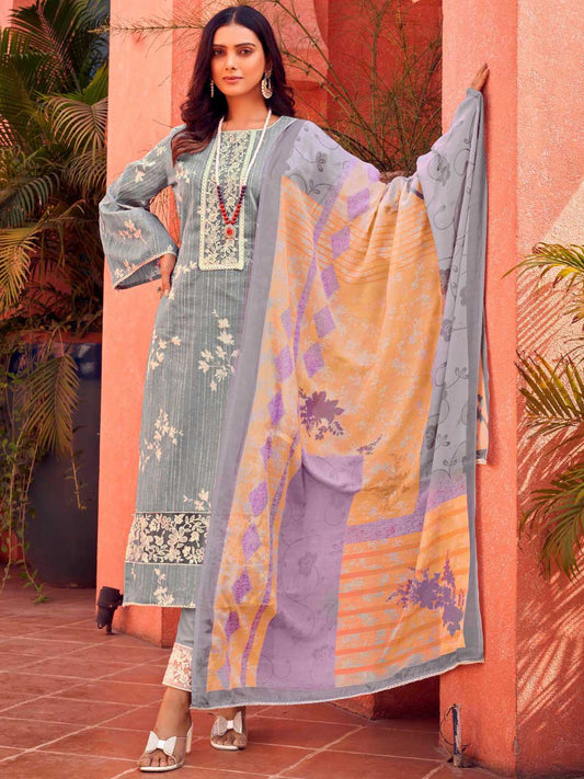 Masakali Embroidered Grey Cotton Unstitched Suit Set