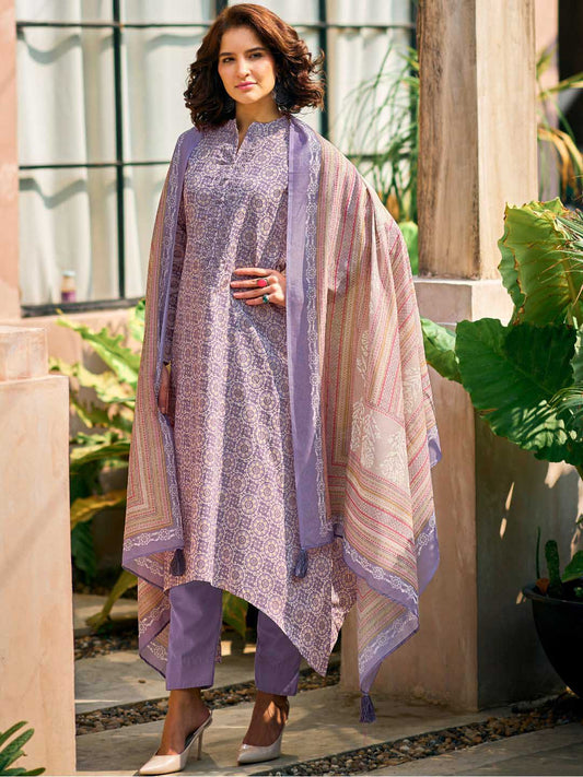 Unstitched Pure Lawn Cotton Purple Suit Material with Embroidery