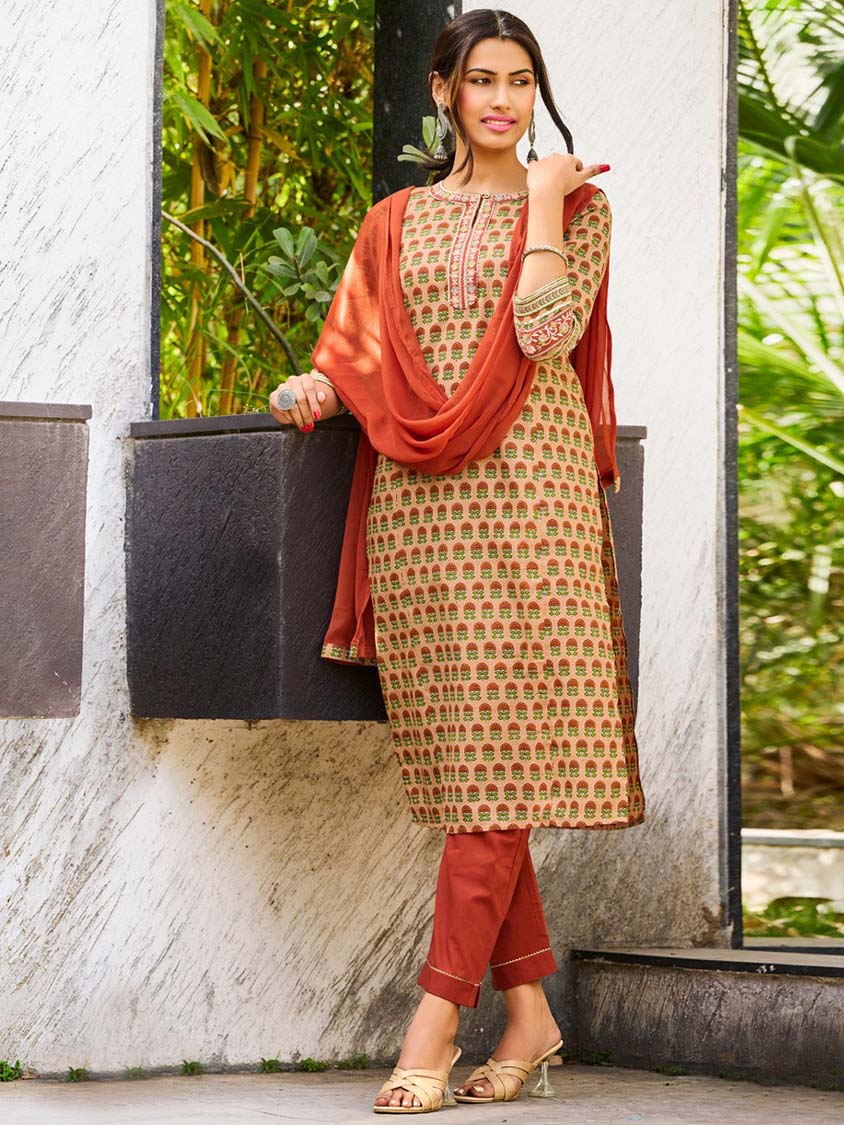 Embroidered Light Brown Pure Cotton Stitched Suit Set