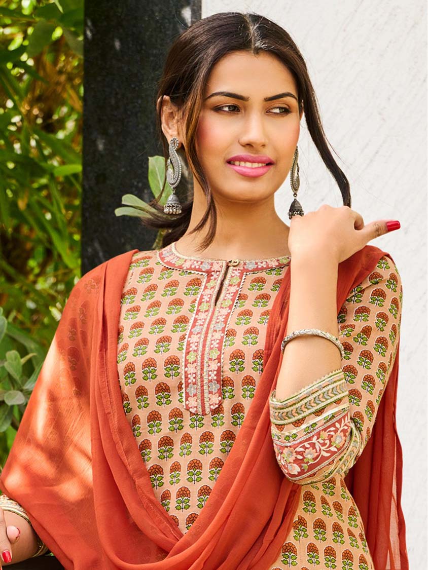 Embroidered Light Brown Pure Cotton Stitched Suit Set