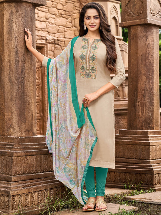 Embroidered Light Brown Unstitched Cotton Suit With Dupatta