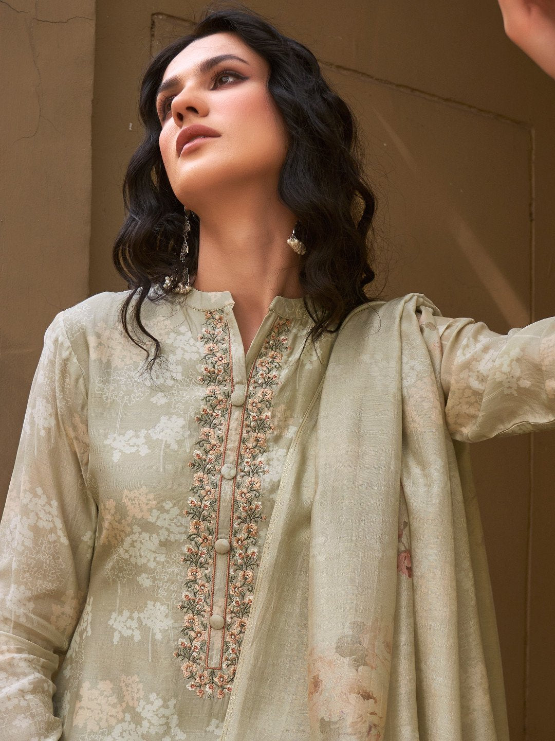 Embroidered Light Olive Cotton Un-Stitched Salwar Suit Set - Stilento