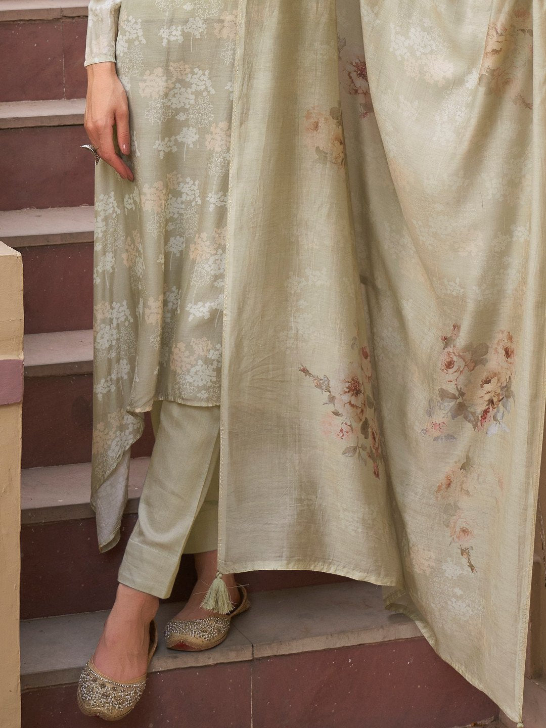 Embroidered Light Olive Cotton Un-Stitched Salwar Suit Set - Stilento