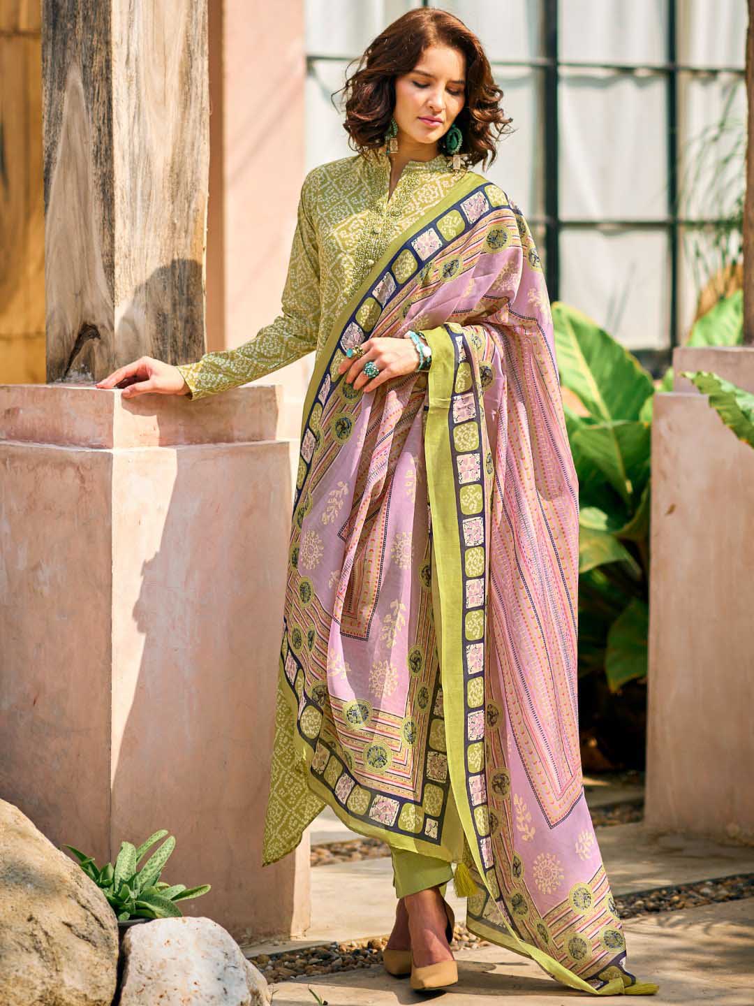 Unstitched Pure Lawn Cotton Green Suit Material with Embroidery