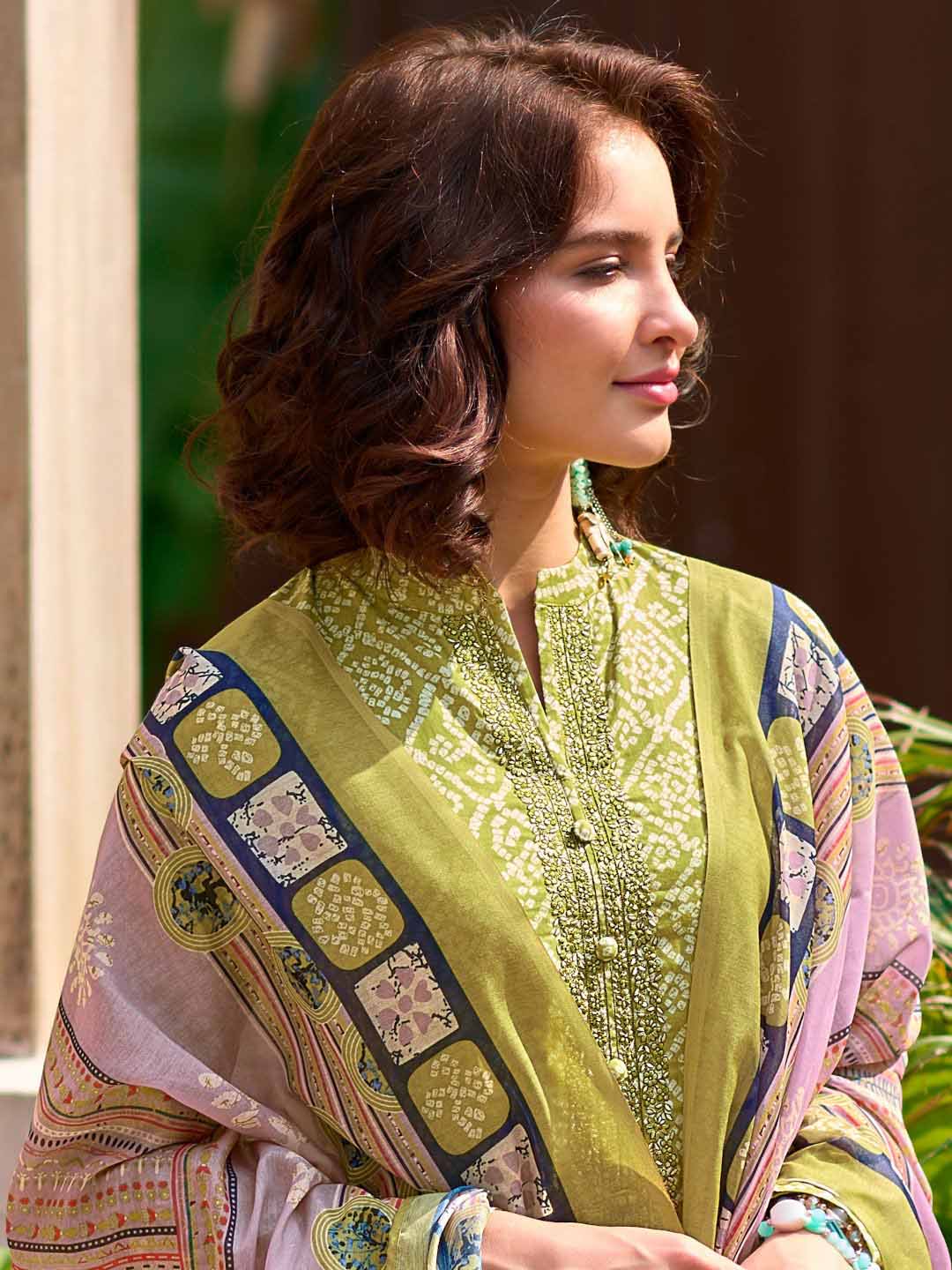 Unstitched Pure Lawn Cotton Green Suit Material with Embroidery