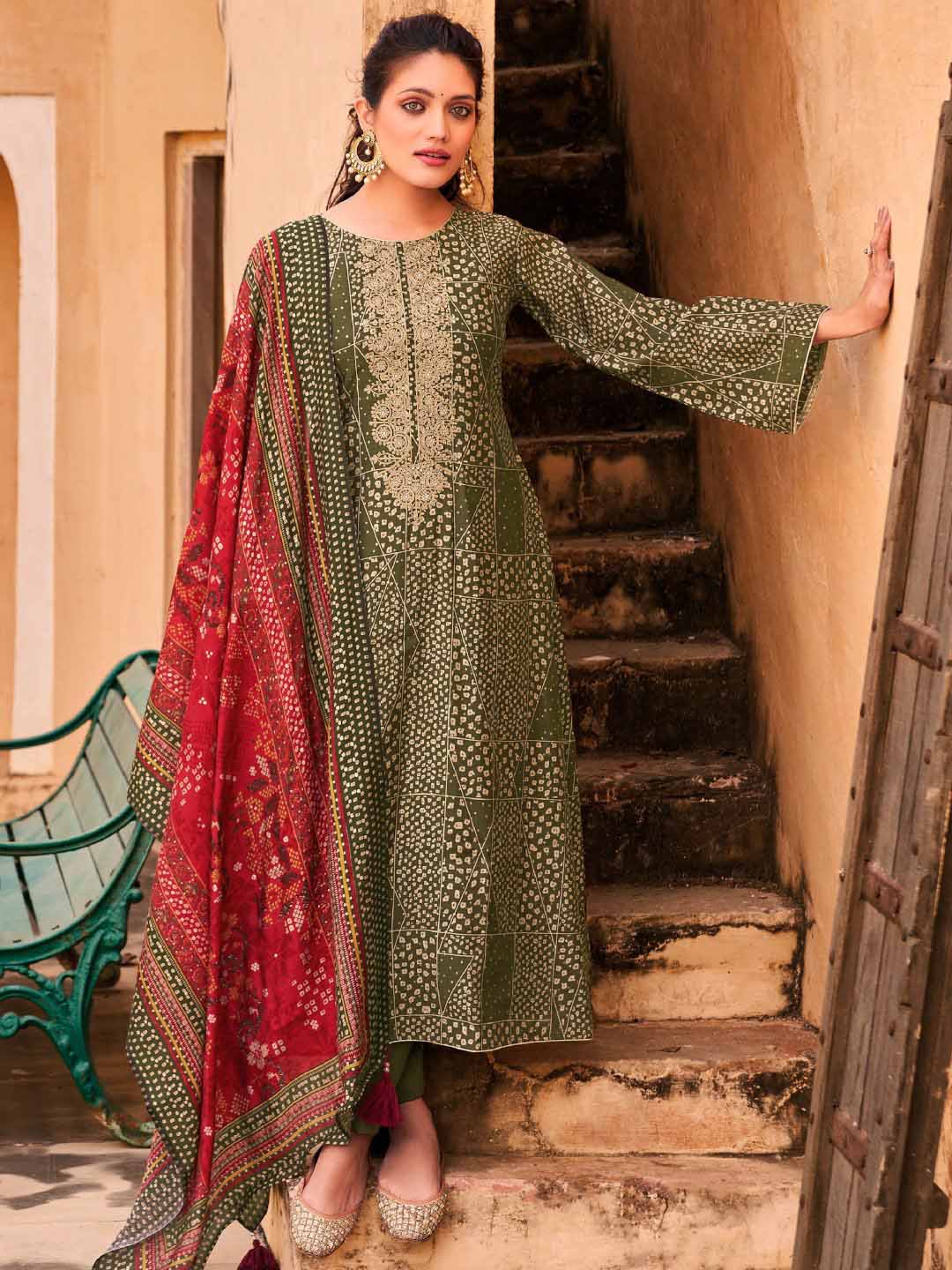 Embroidered Mahendi Green Viscose Unstitched Women Suit Dress Materials - Stilento