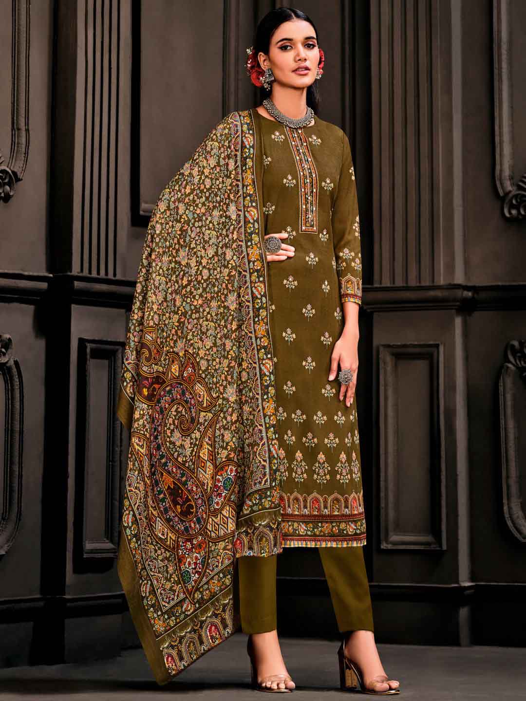 Wool Pashmina Mahendi Green Unstitched Winter Ladies Suits Set - Stilento