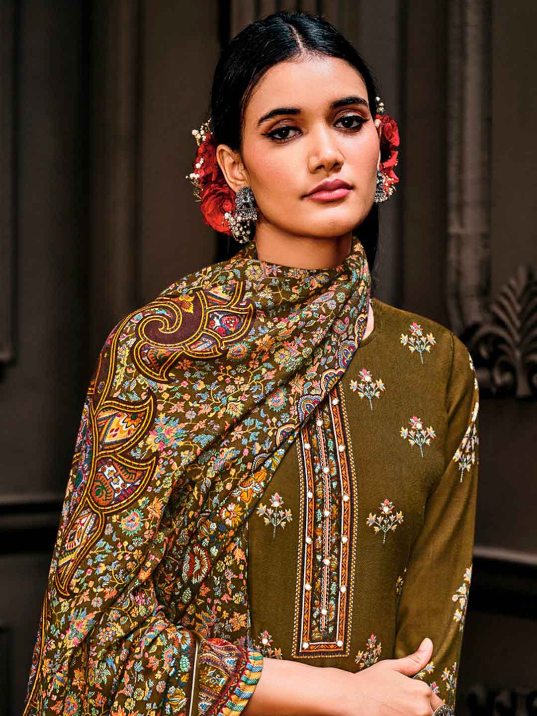 Wool Pashmina Mahendi Green Unstitched Winter Ladies Suits Set - Stilento