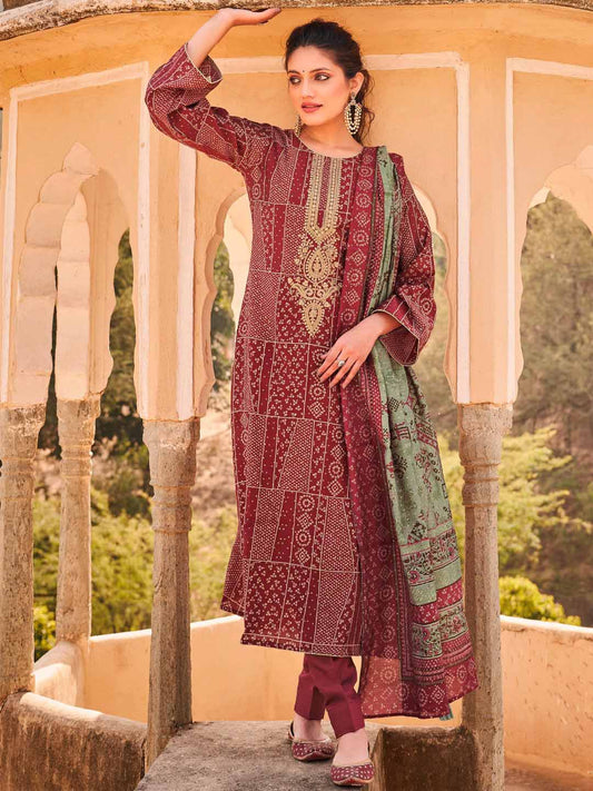Embroidered Maroon Viscose Unstitched Women Suit Dress Materials