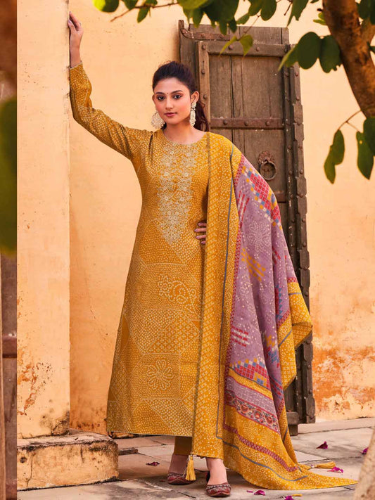 Embroidered Mustard Yellow Viscose Unstitched Women Suit Dress Materials