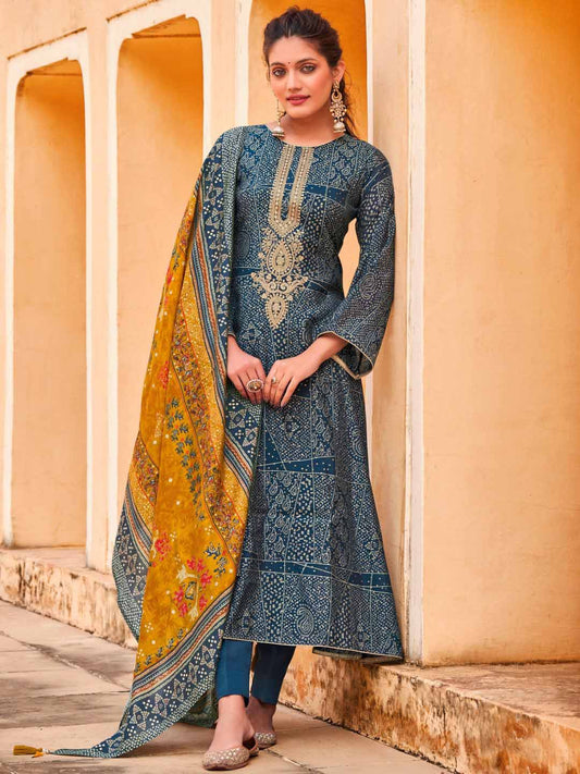 Embroidered Octane Blue Viscose Unstitched Women Suit Dress Materials