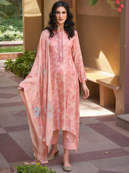 Embroidered Peach Cotton Un-Stitched Salwar Suit Set