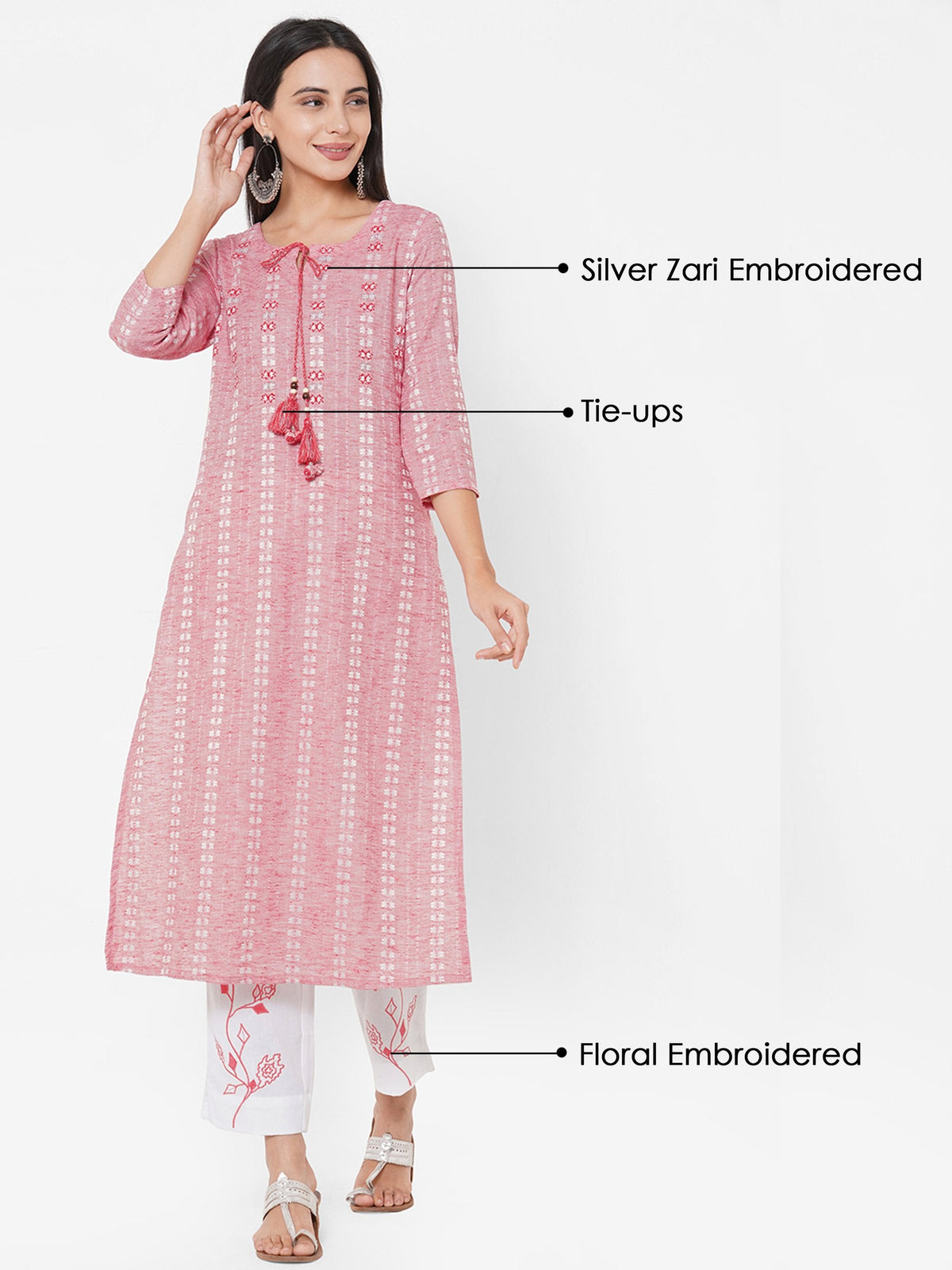 Embroidered Pink Straight Cotton Kurta Pant Set