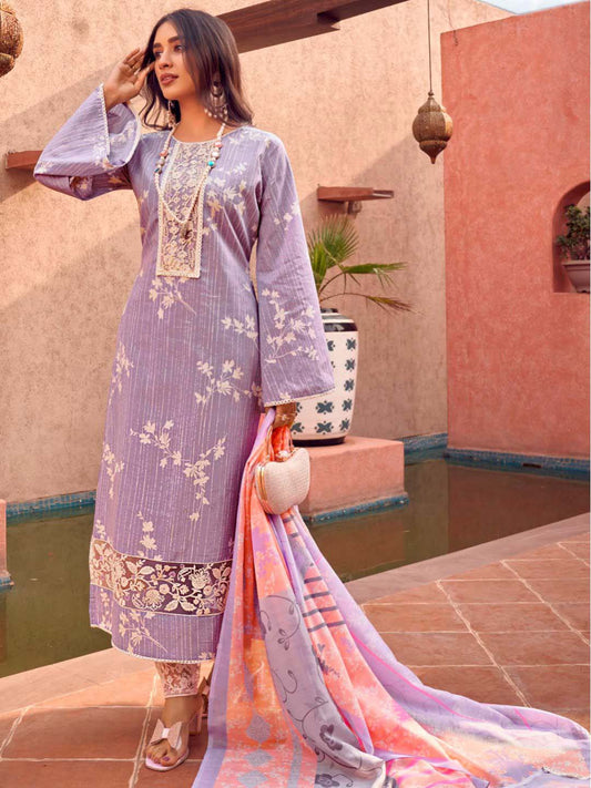 Masakali Embroidered Purple Cotton Unstitched Suit Set