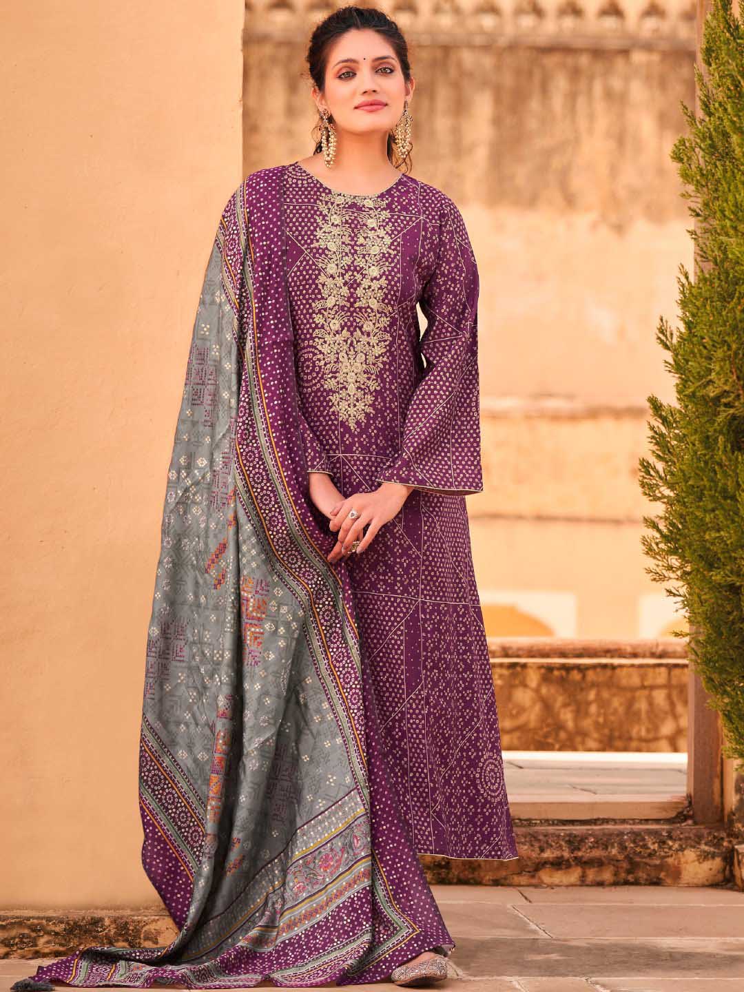 Embroidered Purple Viscose Unstitched Women Suit Dress Materials - Stilento
