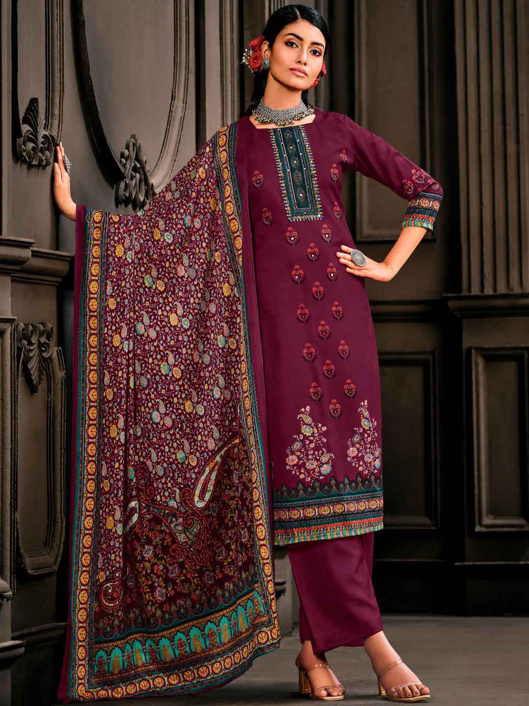 Wool Pashmina Purple Unstitched Winter Ladies Suits Set - Stilento