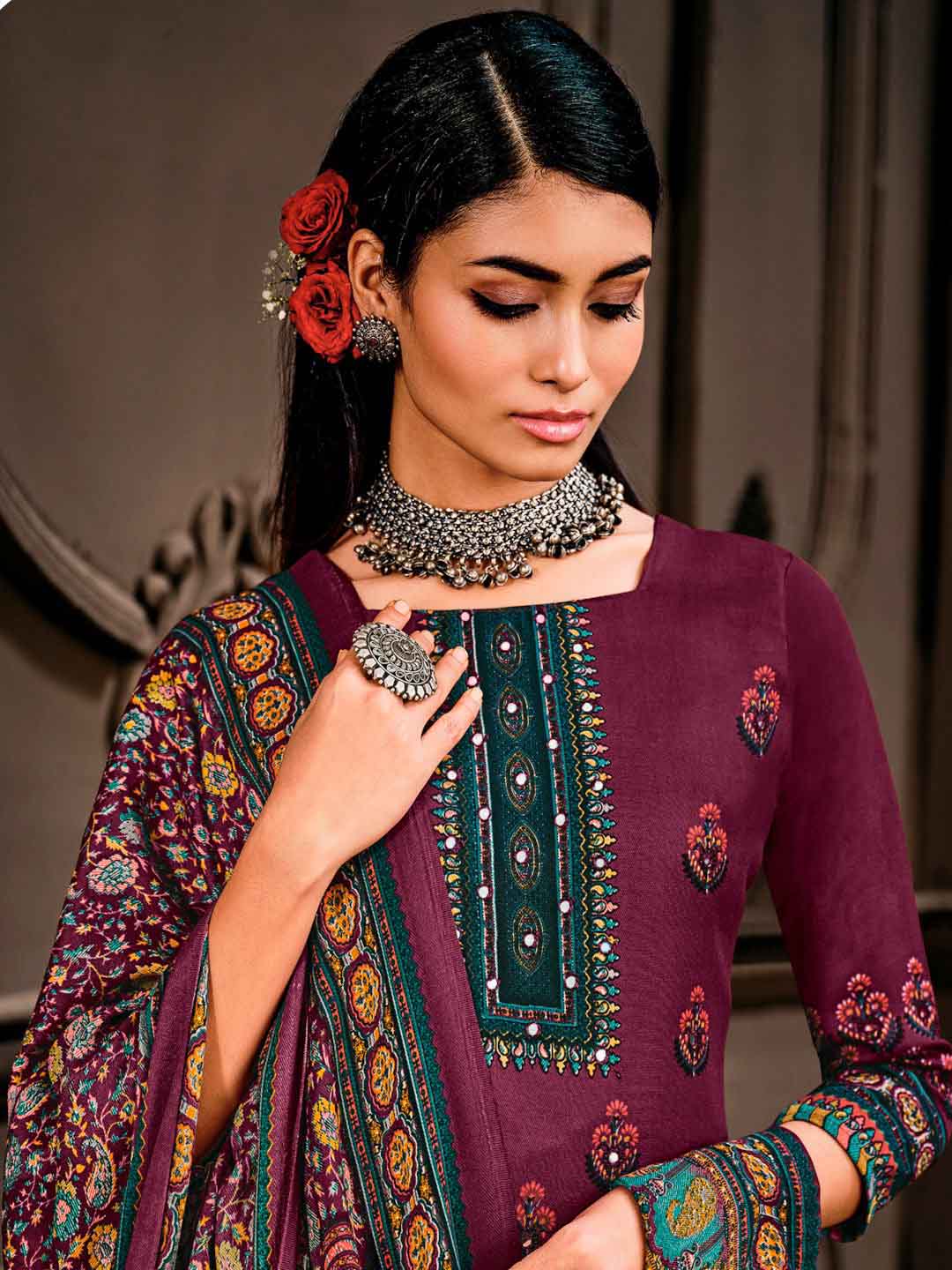 Wool Pashmina Purple Unstitched Winter Ladies Suits Set - Stilento