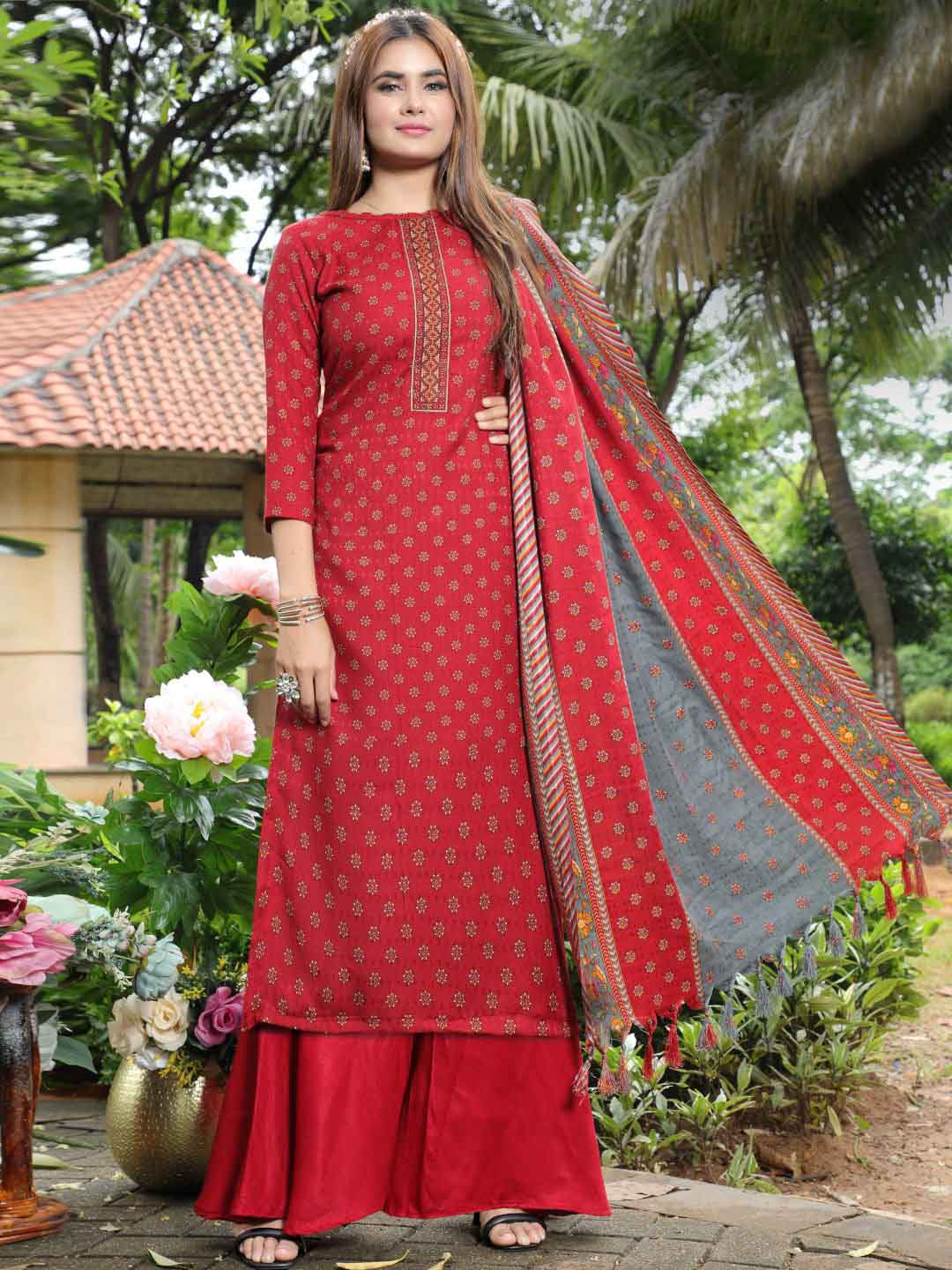 Pashmina Embroidered Red Unstitched Winter Ladies Suits - Stilento