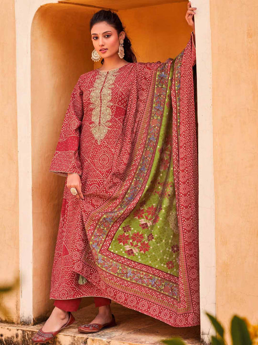 Embroidered Red Viscose Unstitched Women Suit Dress Materials