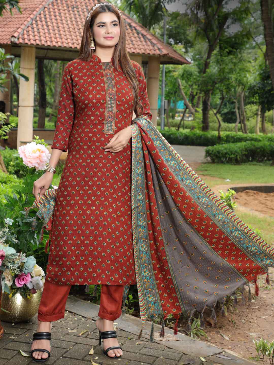 Pashmina Embroidered Rust Red Unstitched Winter Ladies Suits - Stilento