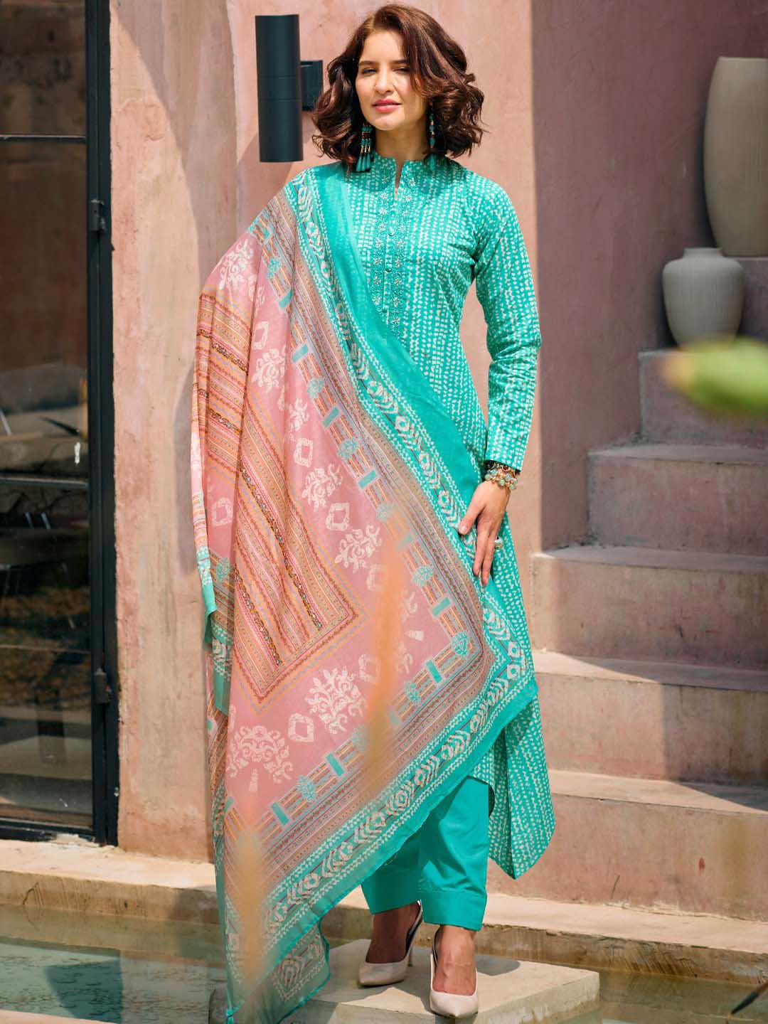 Unstitched Green Pure Lawn Cotton Suit Material with Embroidery