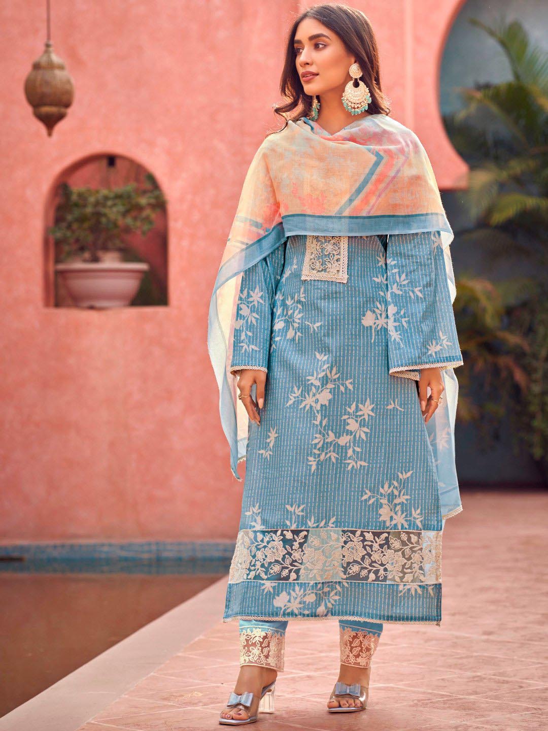 Masakali Embroidered Blue Cotton Unstitched Suit Set