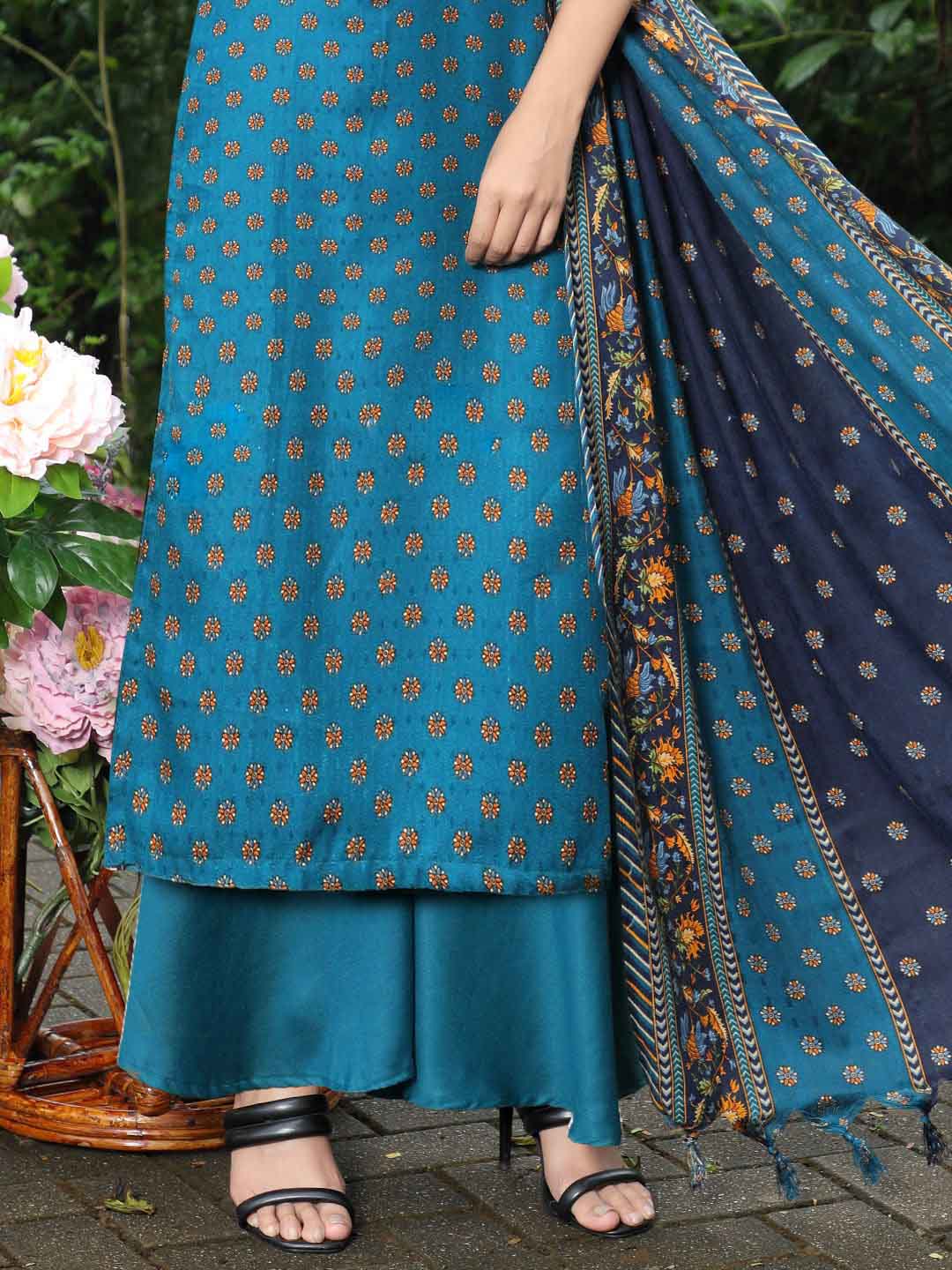 Pashmina Embroidered Teal Blue Unstitched Winter Ladies Suits - Stilento