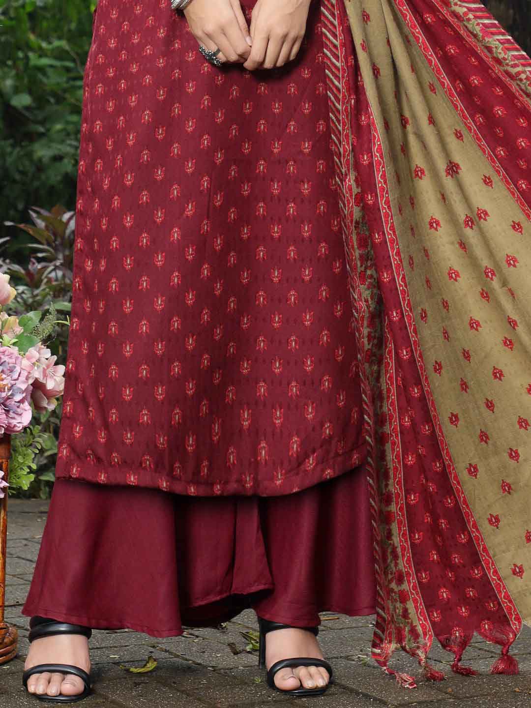 Pashmina Embroidered Wine Unstitched Winter Ladies Suits - Stilento