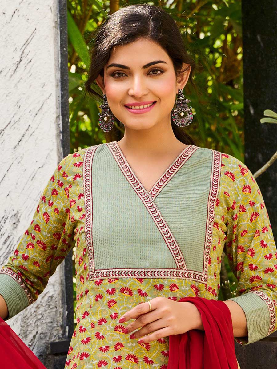 Embroidered Yellow Cotton Stitched Suit Set