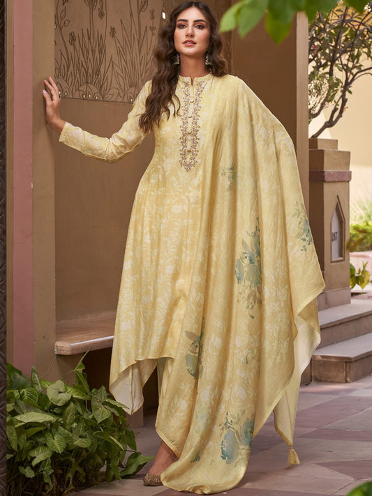 Embroidered Yellow Cotton Un-Stitched Suit for Ladies