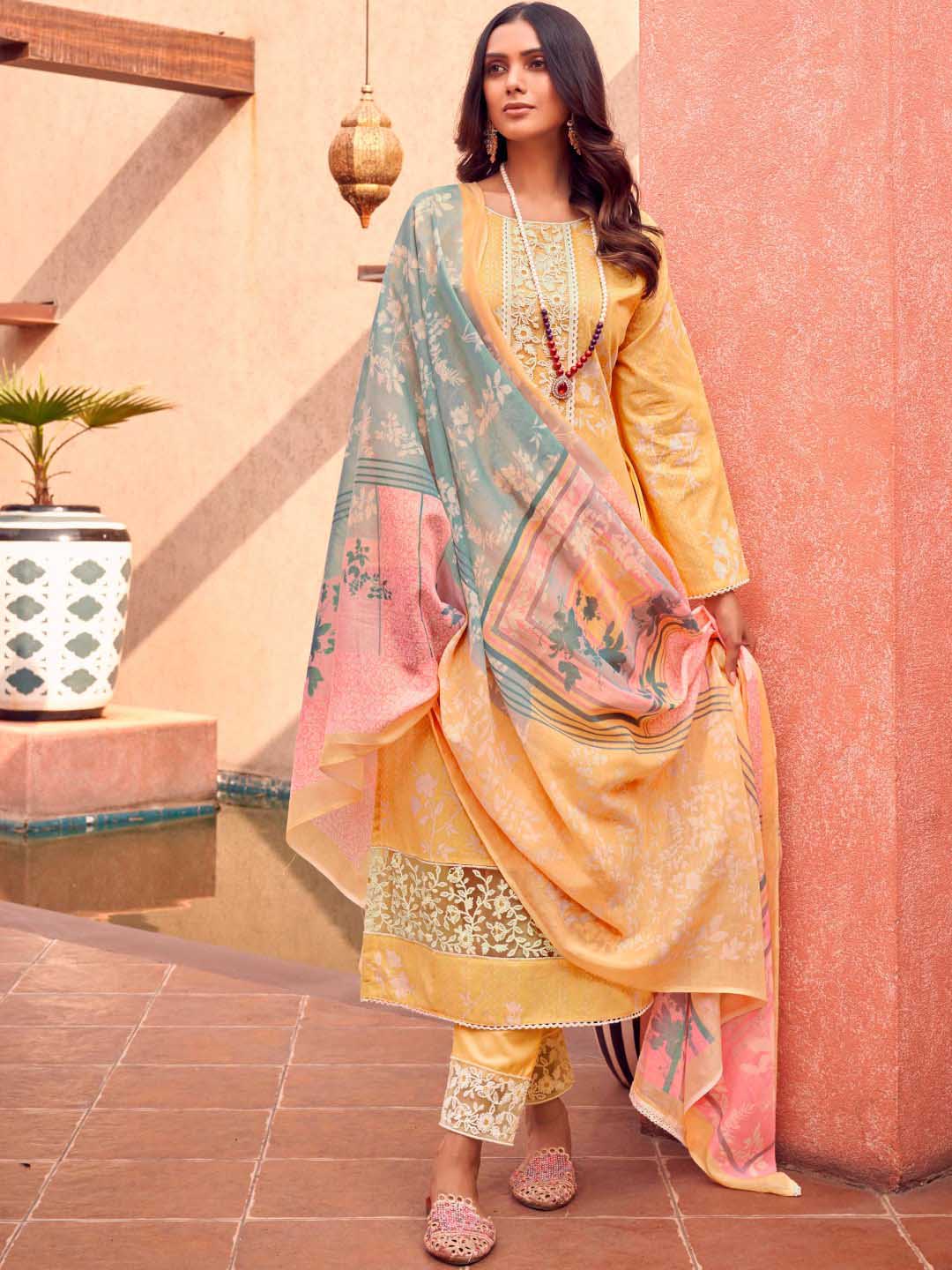 Masakali Embroidered Yellow Cotton Unstitched Suit Set