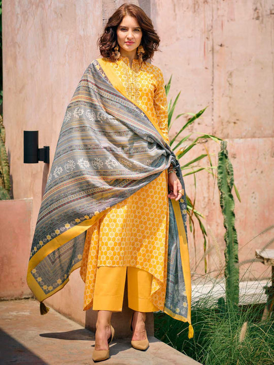 Unstitched Pure Lawn Cotton Yellow Suit Material with Embroidery