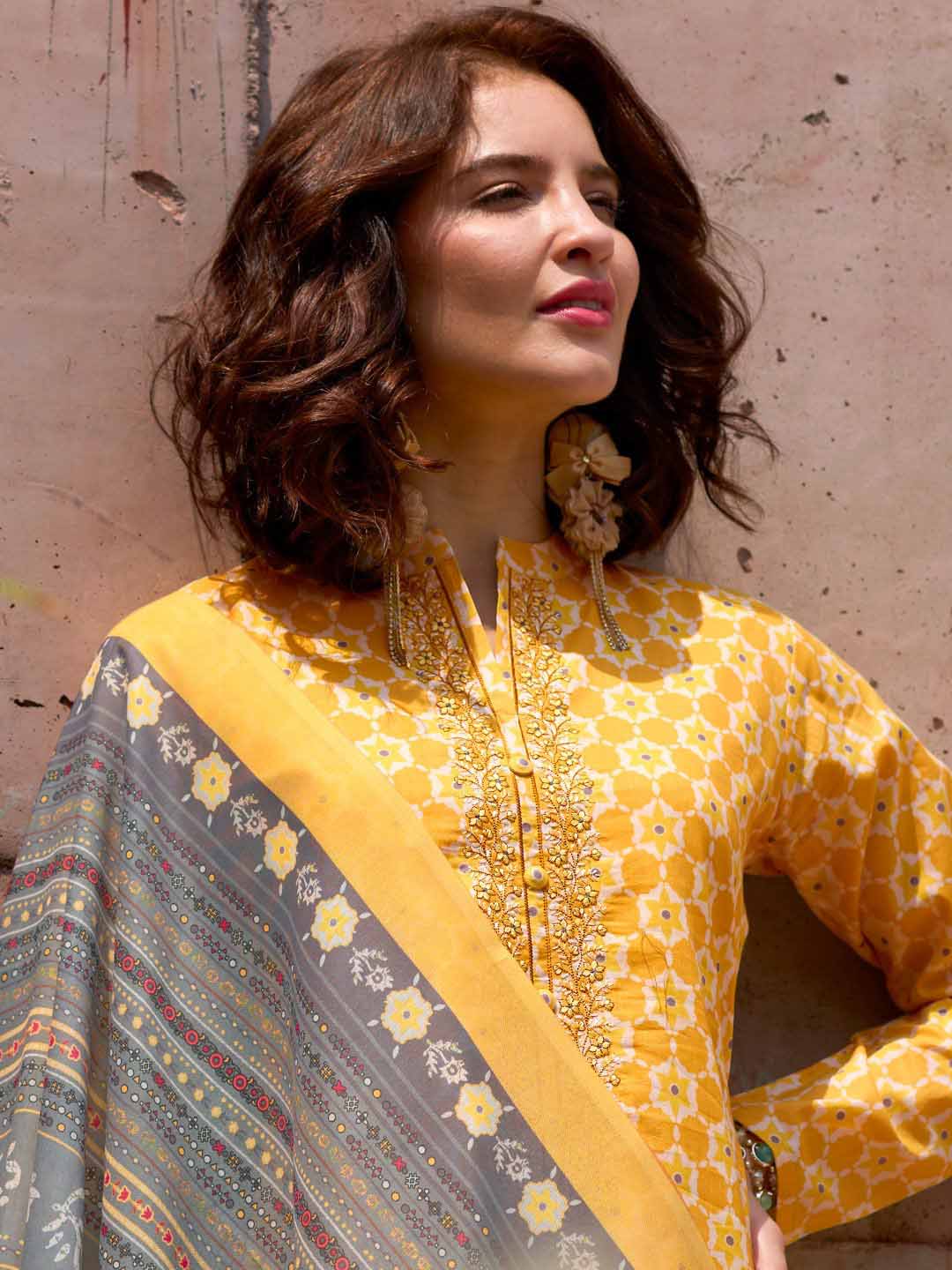 Unstitched Pure Lawn Cotton Yellow Suit Material with Embroidery