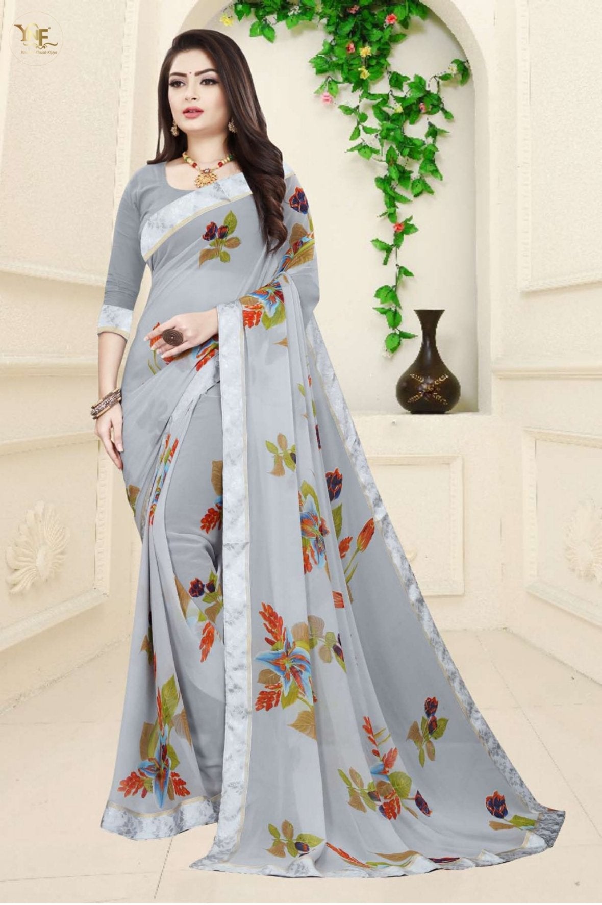 Fancy Border Pure Georgette Grey Printed Women saree
