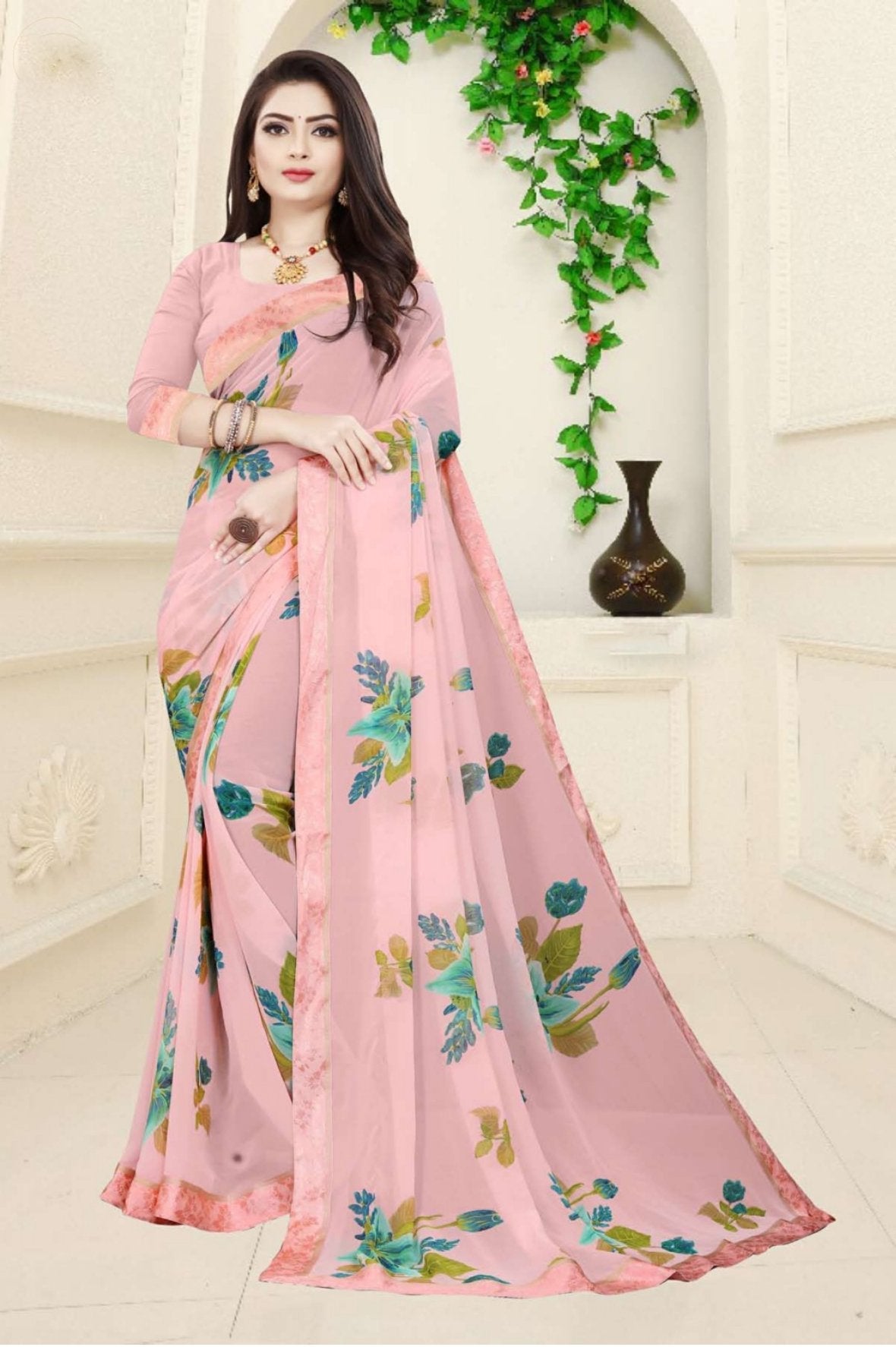 Fancy Border Pure Georgette Pink Printed Women saree - Stilento