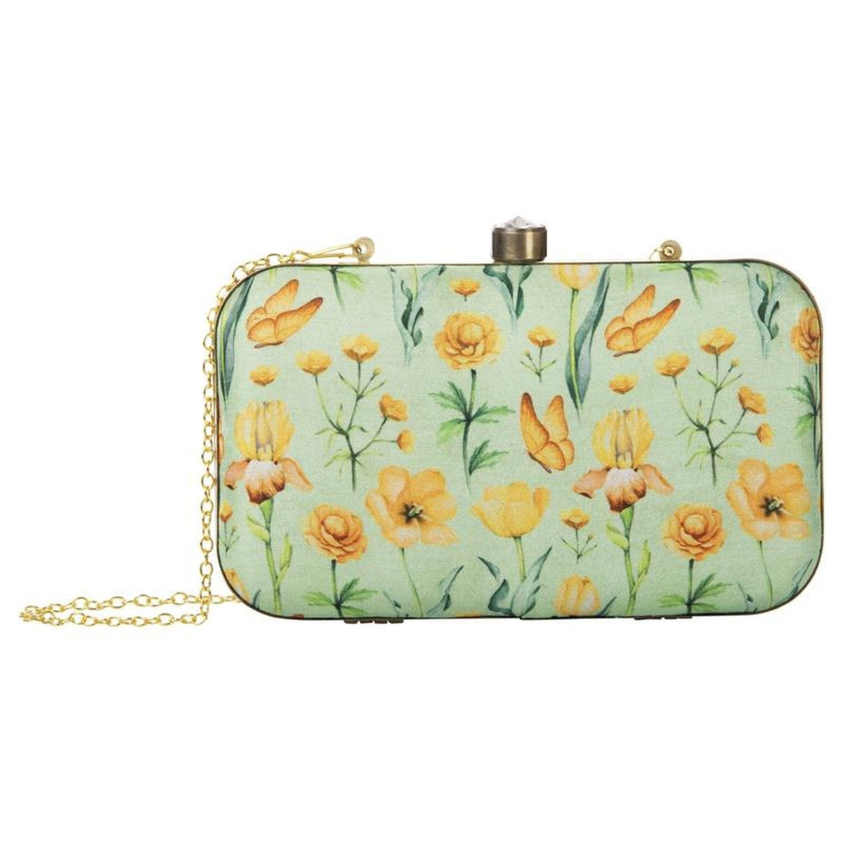 Fancy Green Party Wear Box Clutch Purse with Chain