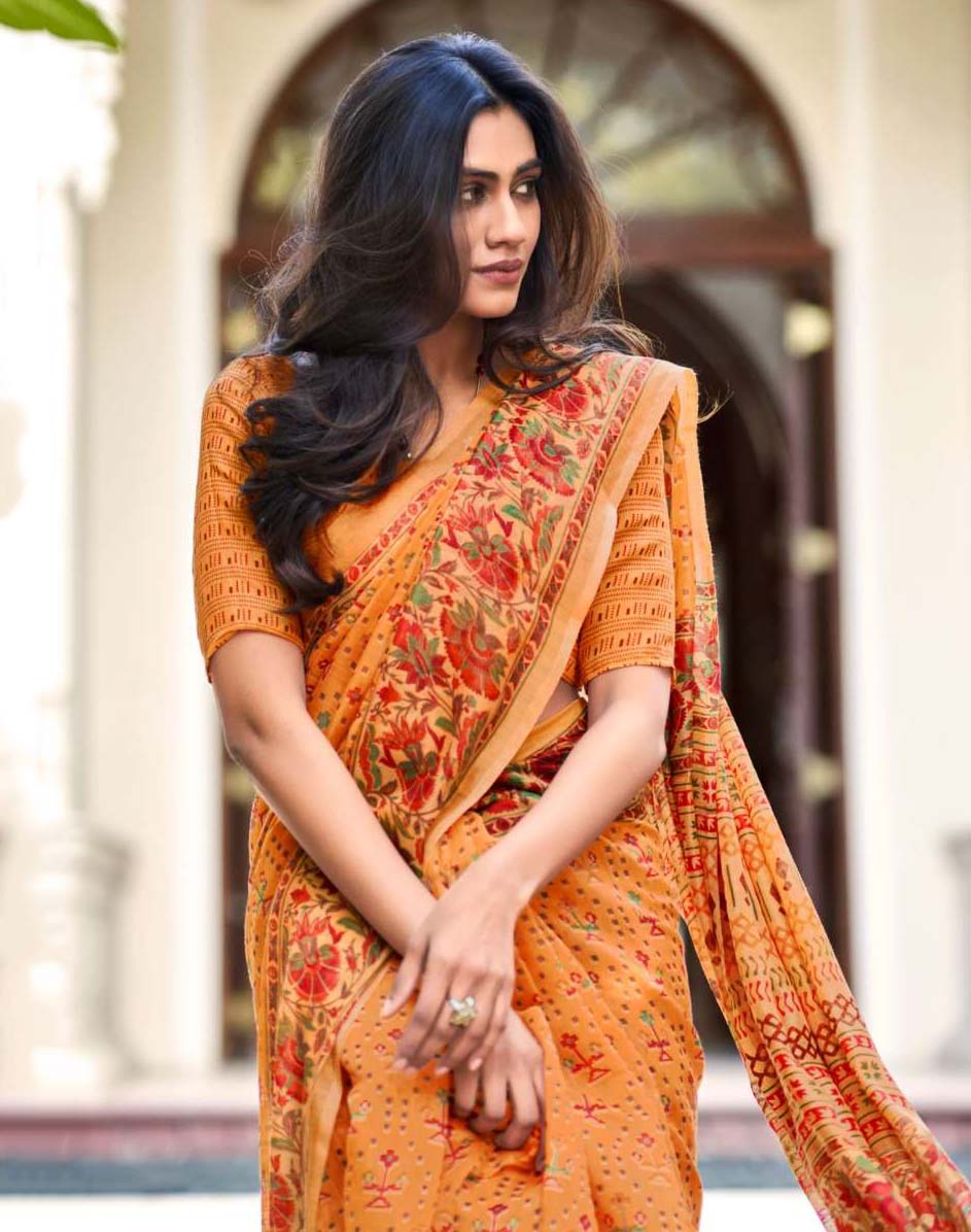Fancy Printed Daily Wear Sonakshi Silk Orange Sarees